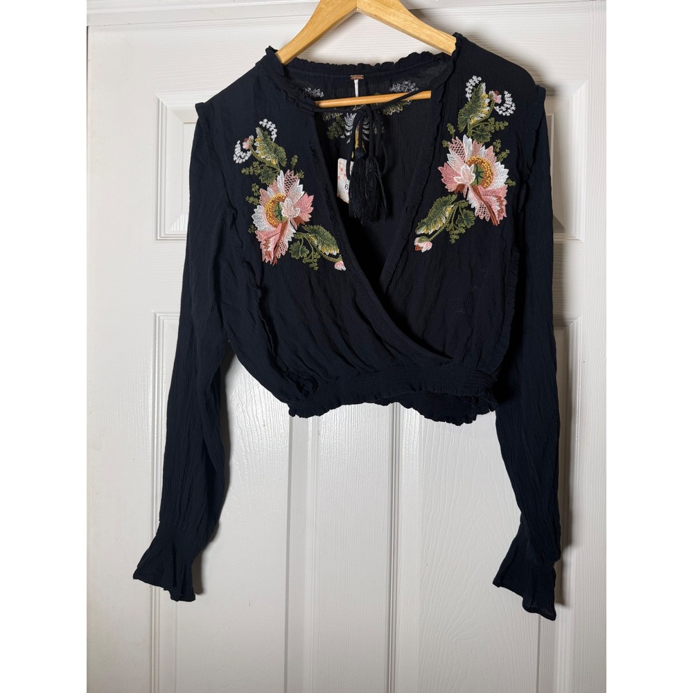 Free People Embroidered Crop Top Womens Size S Black Tassel Tie Long Sleeve